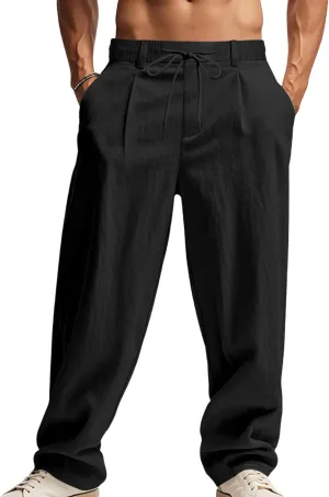 Mens Linen Pants Fashion Simple Drawstring Waist Pants Wide Leg Yoga Trouser Outdoor Breathable Comfy Travel Trousers