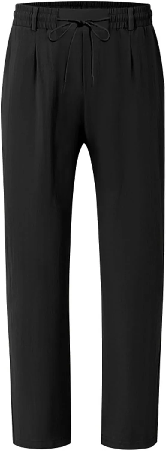 Mens Linen Pants Fashion Simple Drawstring Waist Pants Wide Leg Yoga Trouser Outdoor Breathable Comfy Travel Trousers