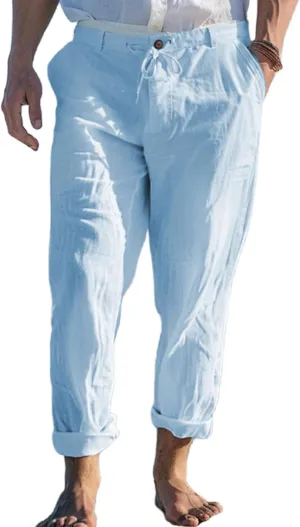 Mens Linen Pants Yoga Beach Loose Fit Casual Pants Lightweight Breathable Elastic Waist Drawstring Baggy Trousers