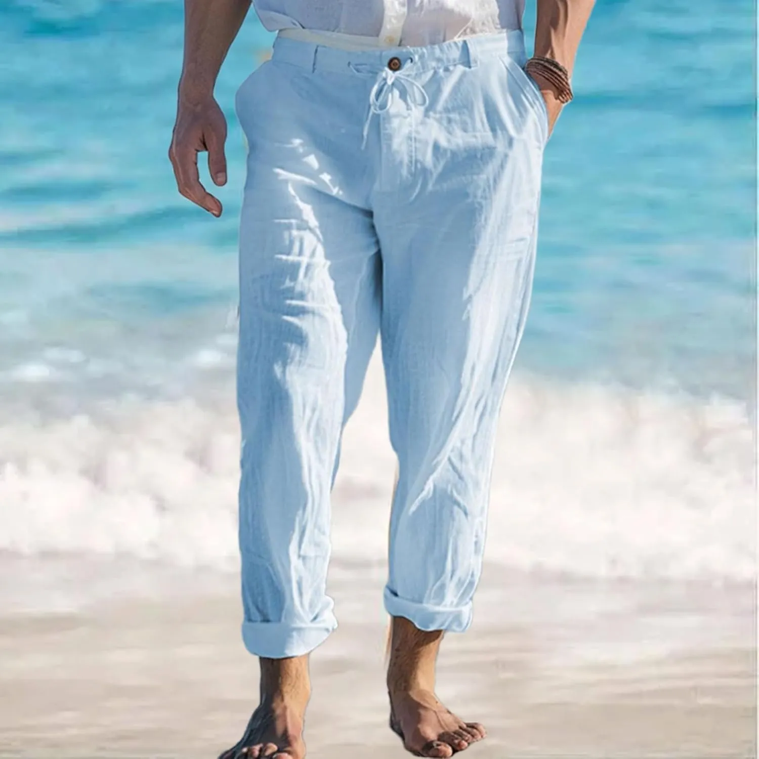 Mens Linen Pants Yoga Beach Loose Fit Casual Pants Lightweight Breathable Elastic Waist Drawstring Baggy Trousers