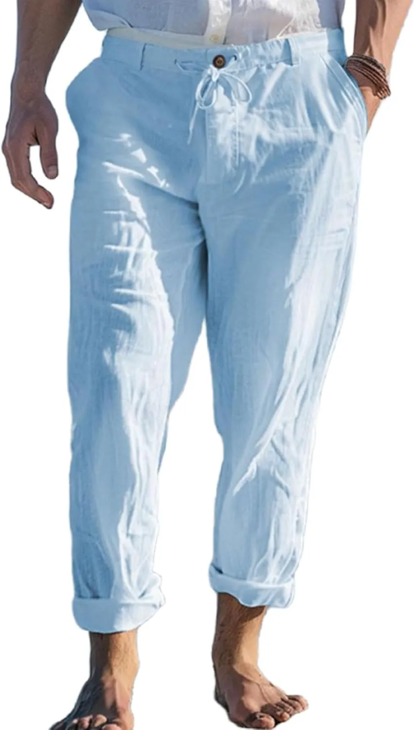 Mens Linen Pants Yoga Beach Loose Fit Casual Pants Lightweight Breathable Elastic Waist Drawstring Baggy Trousers