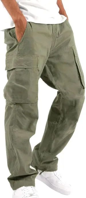 Mens Loose Cargo Pants Sports Hat Multi Woven Pocket Foot Rope Solid Pants Street Cargo Baggy Camo Tactical Trousers