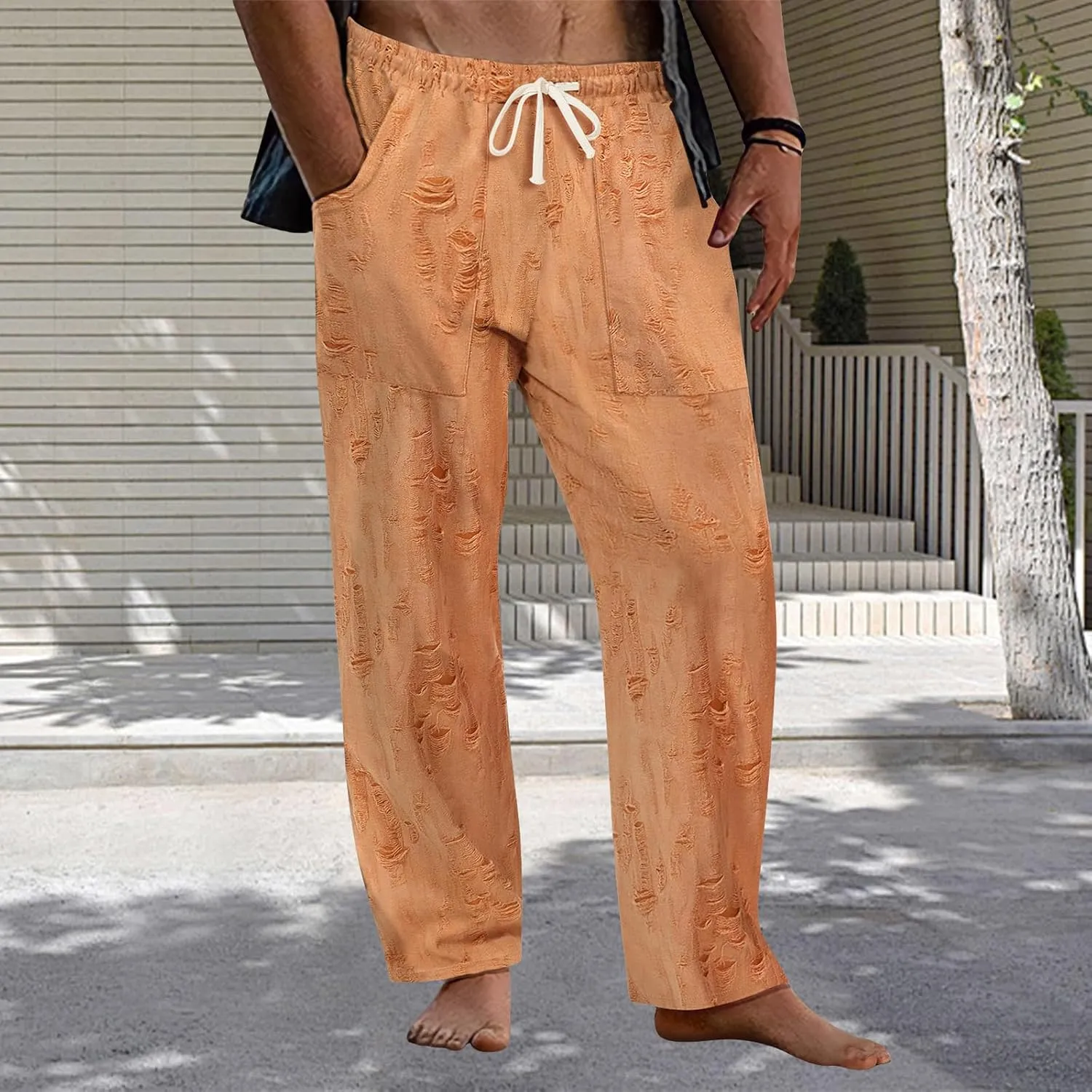 Mens Lounge Linen Pants Elastic Waist Drawstring Baggy Casual Trousers Lightweight Summer Beach Slacks Straight Pants