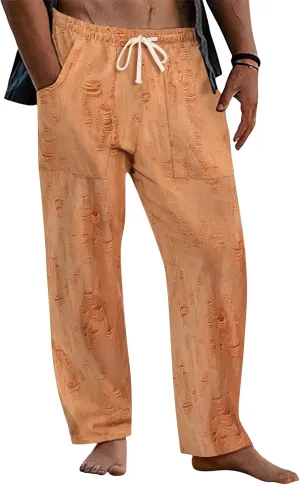 Mens Lounge Linen Pants Elastic Waist Drawstring Baggy Casual Trousers Lightweight Summer Beach Slacks Straight Pants