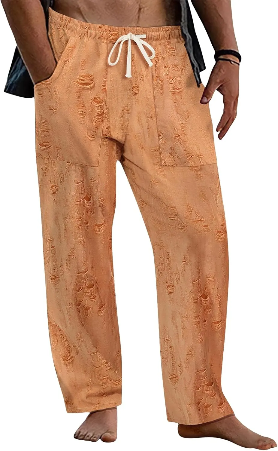Mens Lounge Linen Pants Elastic Waist Drawstring Baggy Casual Trousers Lightweight Summer Beach Slacks Straight Pants