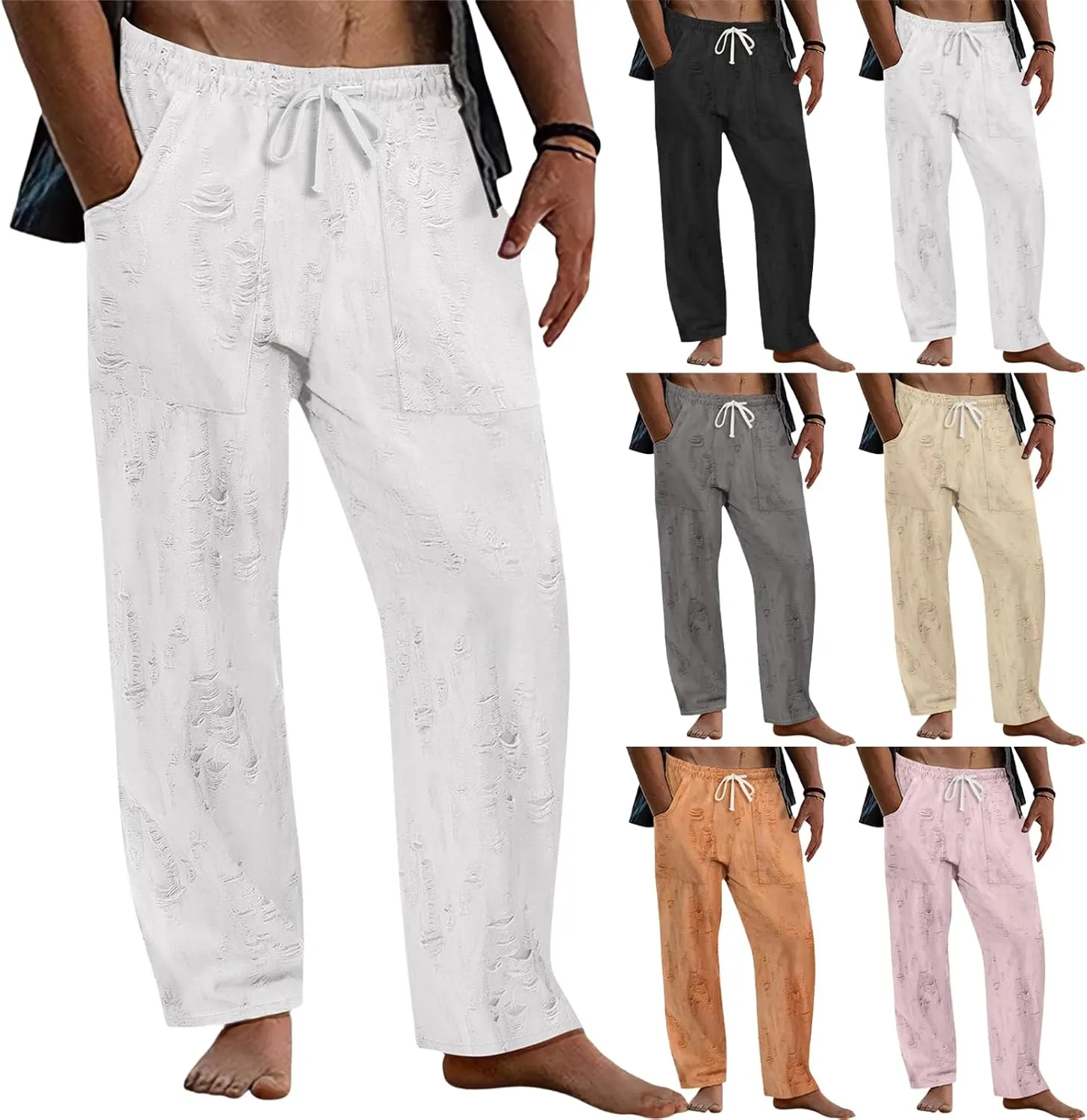 Mens Lounge Linen Pants Elastic Waist Drawstring Baggy Casual Trousers Lightweight Summer Beach Slacks Straight Pants