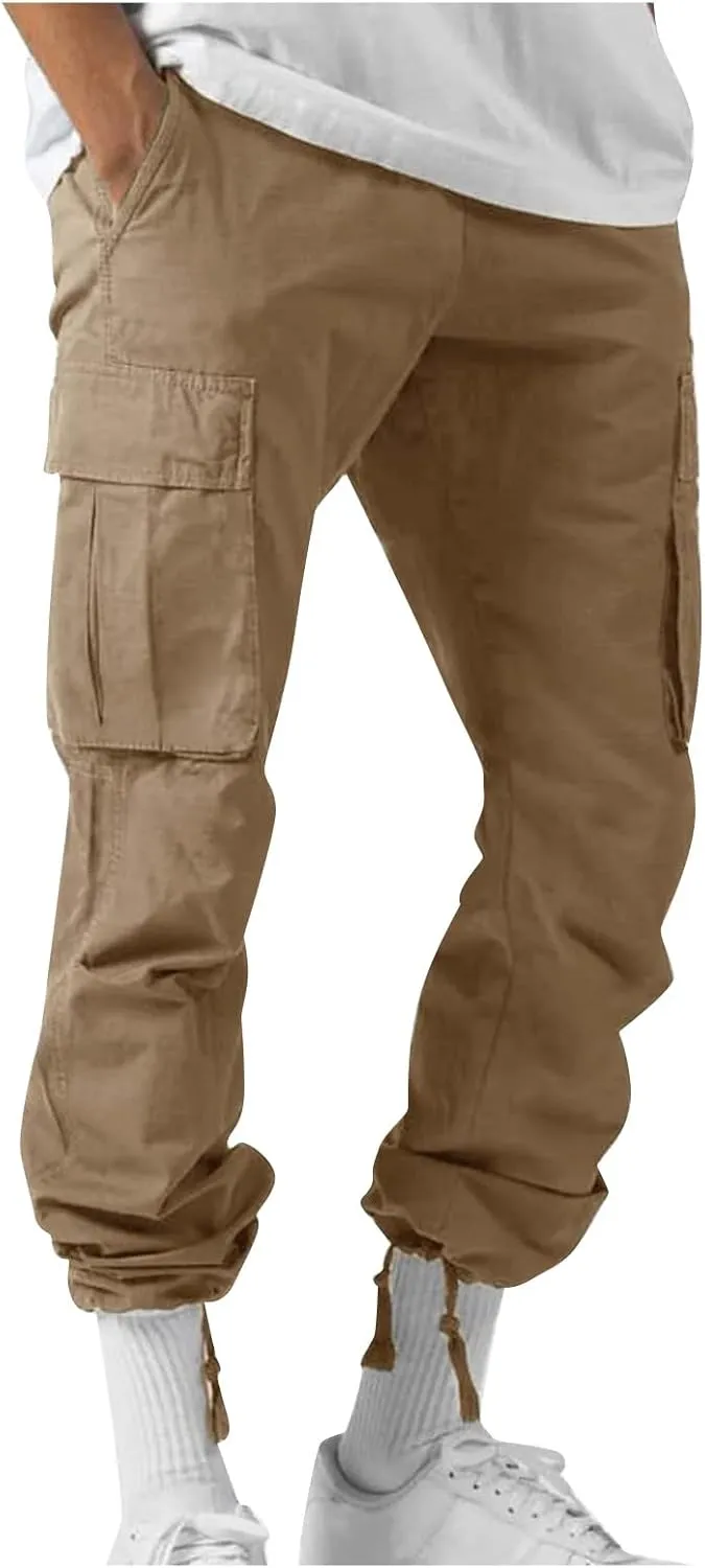 Mens Pants Cargo Baggy Elastic Waist Drawstring Pants Casual with Pockets Pants 2024 Fall Winter Joggers Trousers