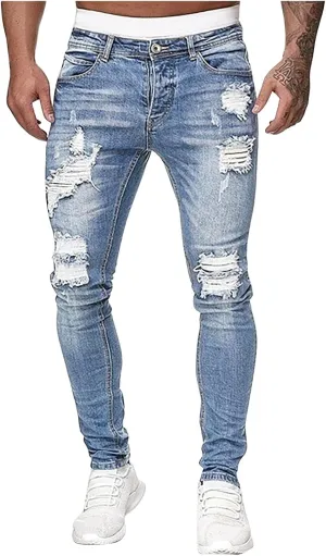 Mens Slim Fit Jeans Stretch Destroyed Ripped Skinny Jeans Big and Tall Denim Pencil Pants Fashion Trousers for Men