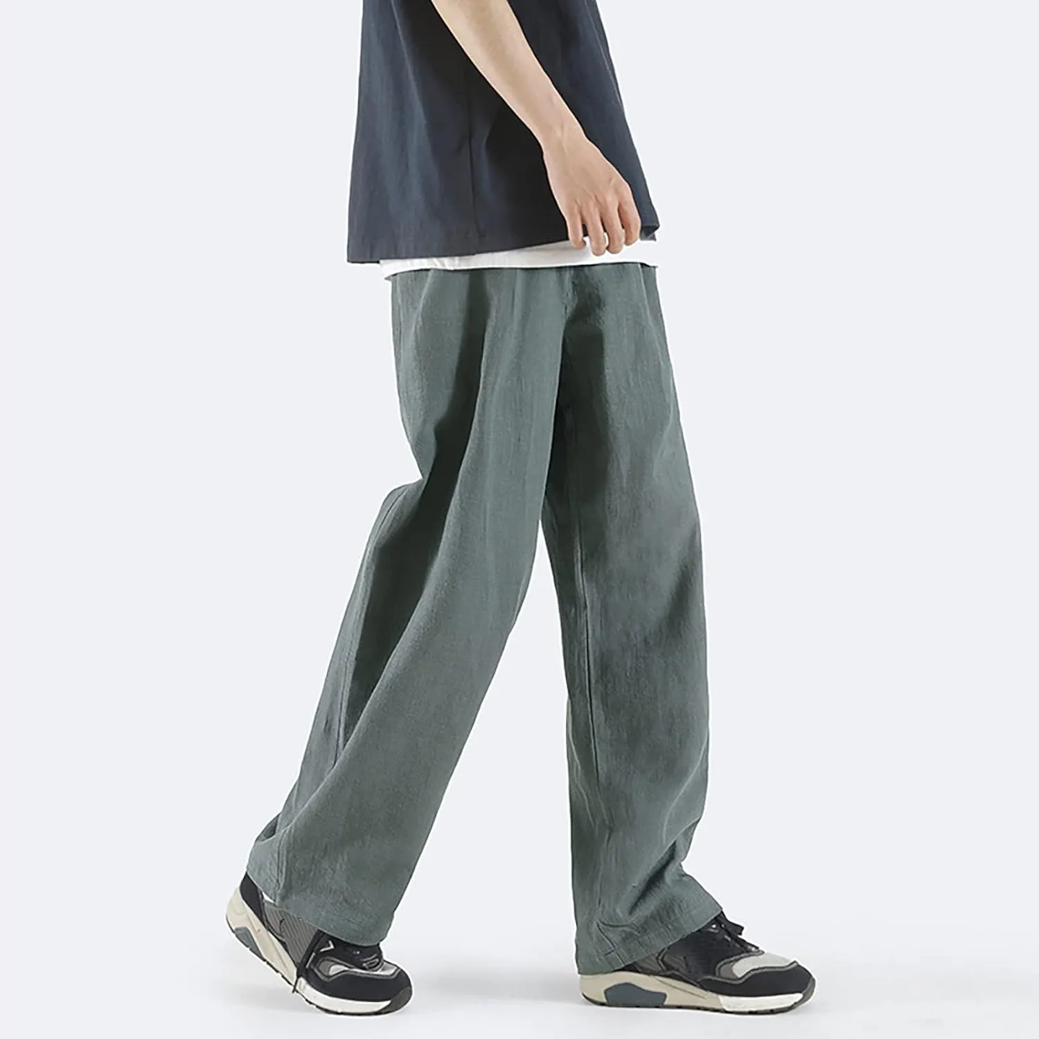 Mens Straight Leg Linen Pants Elastic Waist Drawstring Loose Summer Beach Trouser Trendy Resort Wear Comfort Lounge Pants