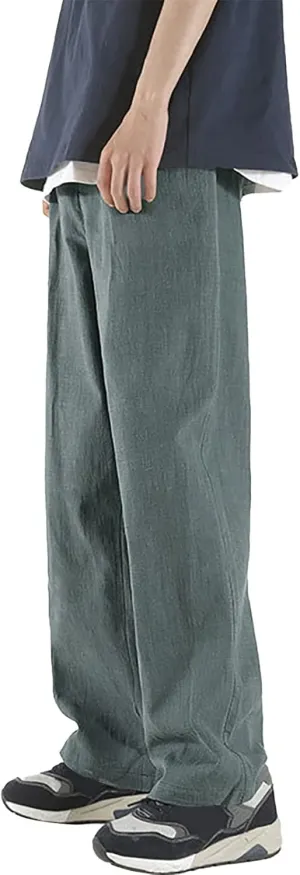 Mens Straight Leg Linen Pants Elastic Waist Drawstring Loose Summer Beach Trouser Trendy Resort Wear Comfort Lounge Pants