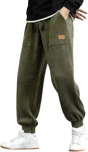 Mens Sweatpants New Men's Corduroy Loose Solid Casual Elastic Waistband Straight Cropped Workout Gym Running Pants