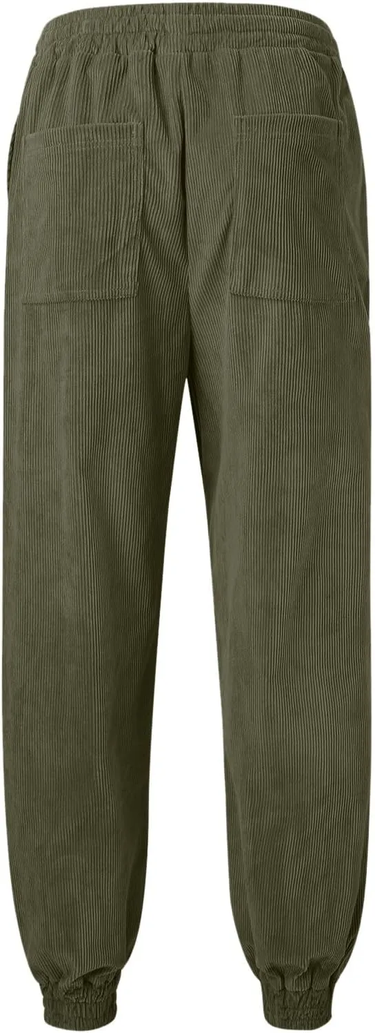 Mens Sweatpants New Men's Corduroy Loose Solid Casual Elastic Waistband Straight Cropped Workout Gym Running Pants