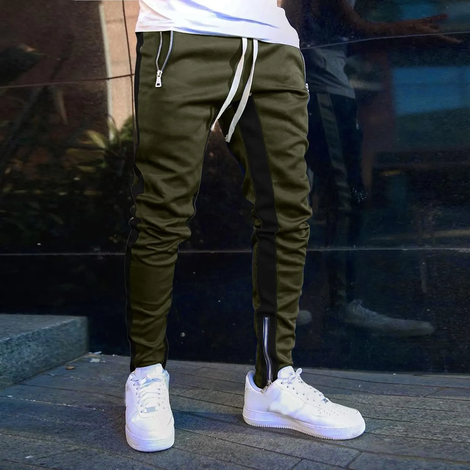 Mens Sweatpants with Pockets Waist Zipper Hem Corduroy Cargo Pants with Pockets Men's Casual Drawstring High Waisted