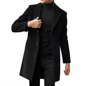 Mens Wool Blend Trench Coat Slim Fit Notched Collar Long Jacket Winter Overcoat Single Breasted Pea Coat wih Pockets