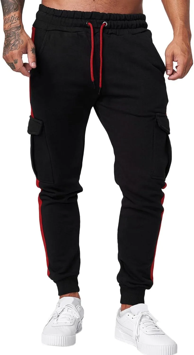 Mens Workout Cargo Sweatpants Drawstring Waist Side Pocket Straight Cargo Pants Joggers Men's Casual Athletic Cargo