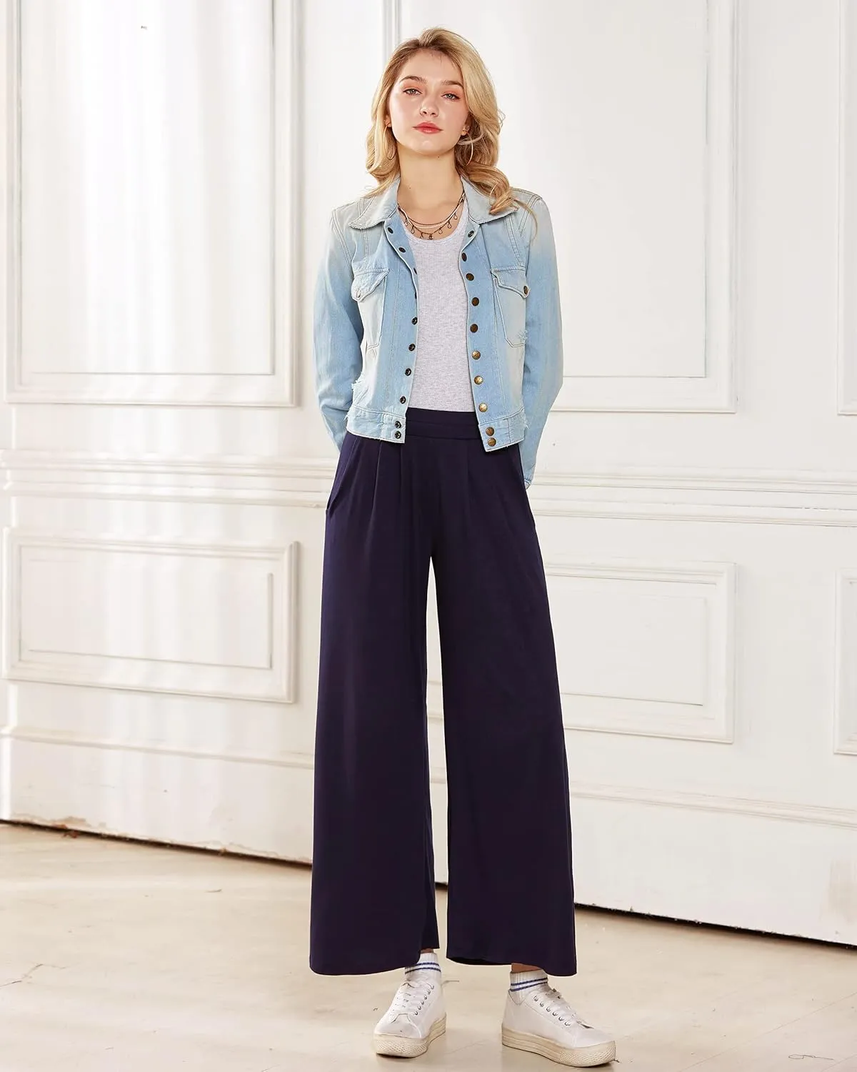 noflik Women's Comfy High Waisted Knit Wide Leg Yoga Pants Business Casual Elastic Waist Loose Trendy Trousers with Pockets