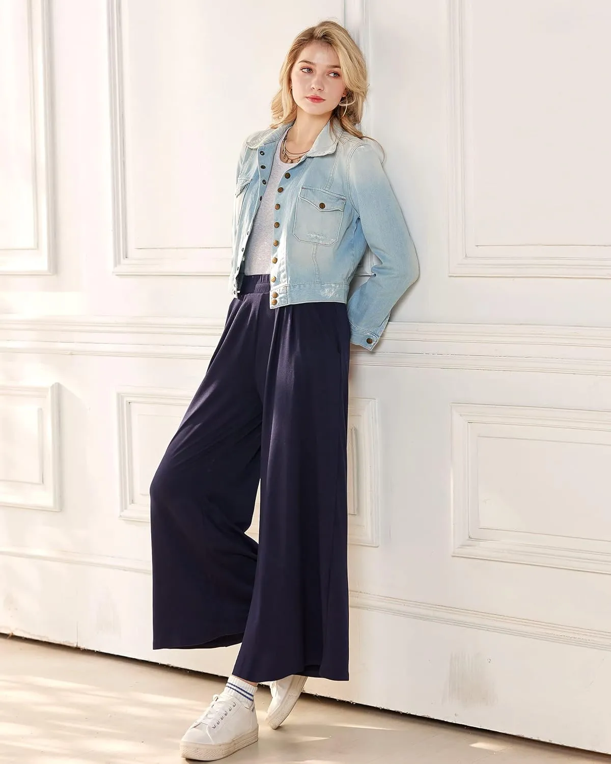 noflik Women's Comfy High Waisted Knit Wide Leg Yoga Pants Business Casual Elastic Waist Loose Trendy Trousers with Pockets