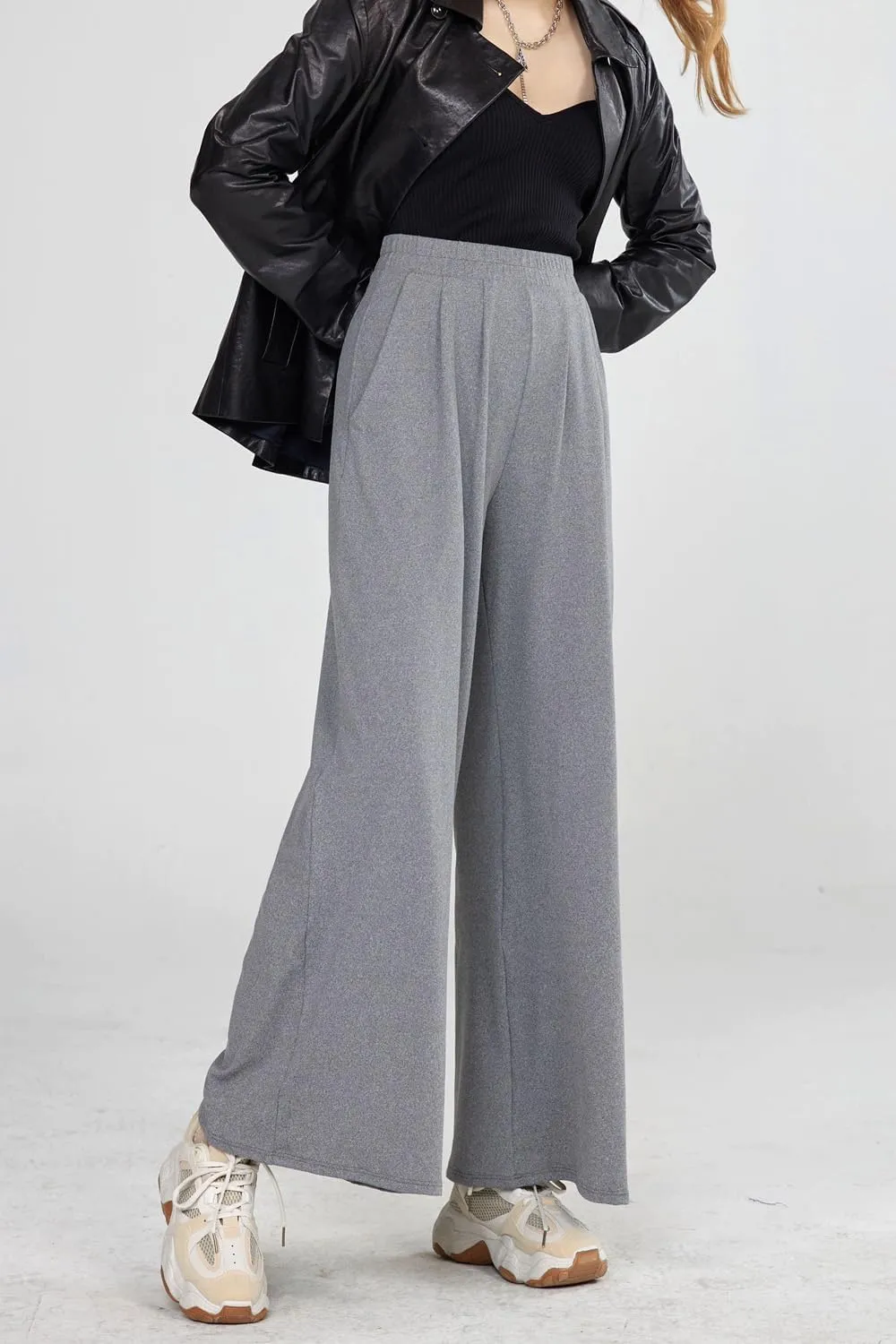 noflik Women's Comfy High Waisted Knit Wide Leg Yoga Pants Business Casual Elastic Waist Loose Trendy Trousers with Pockets