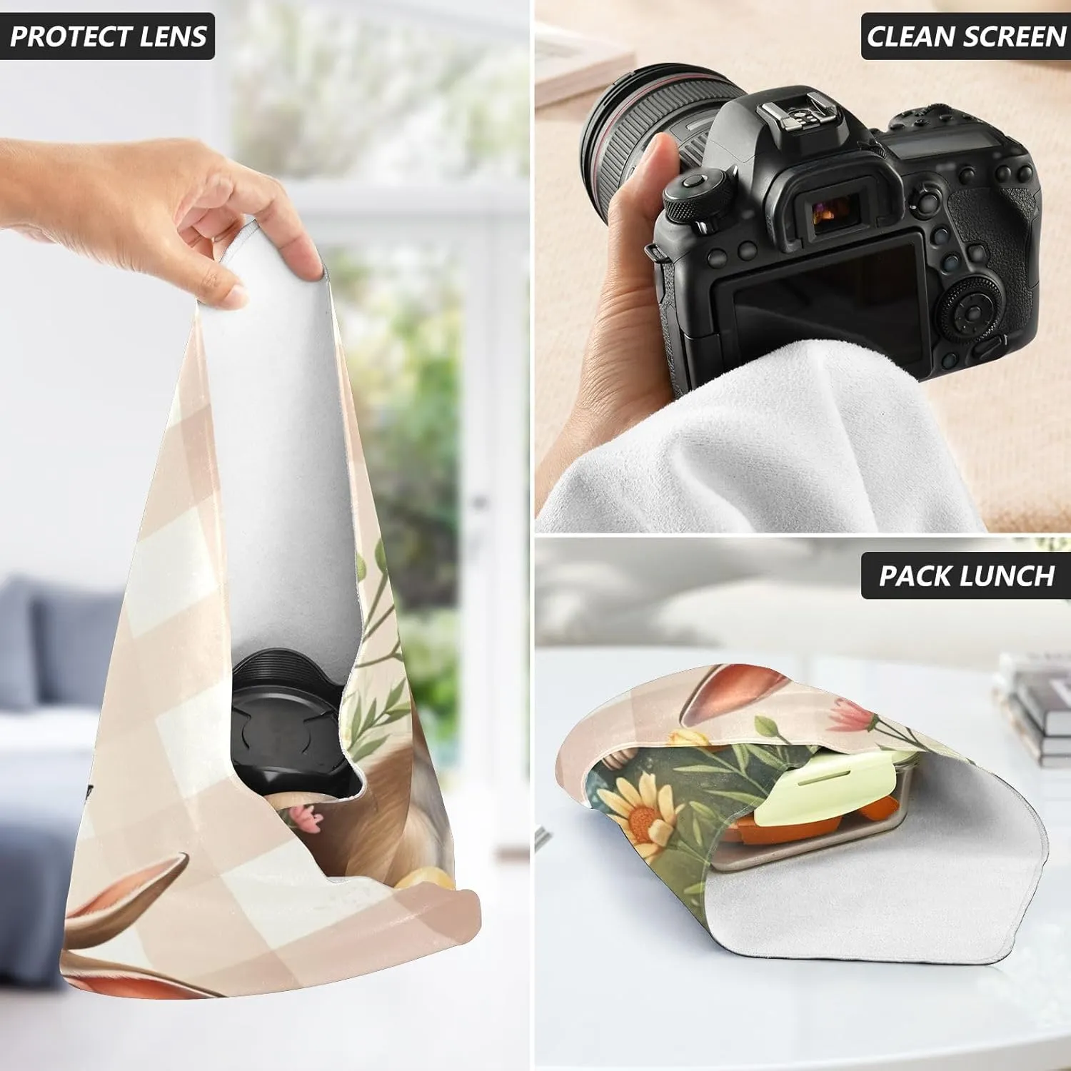 ODAWA Easter Rabbits Gathering Self Adhesive Cloths 17.7X17.7 Inch Self-adhesive Cloth Protective Camera Wrapper Portable Cosmetic Bag for Travelling