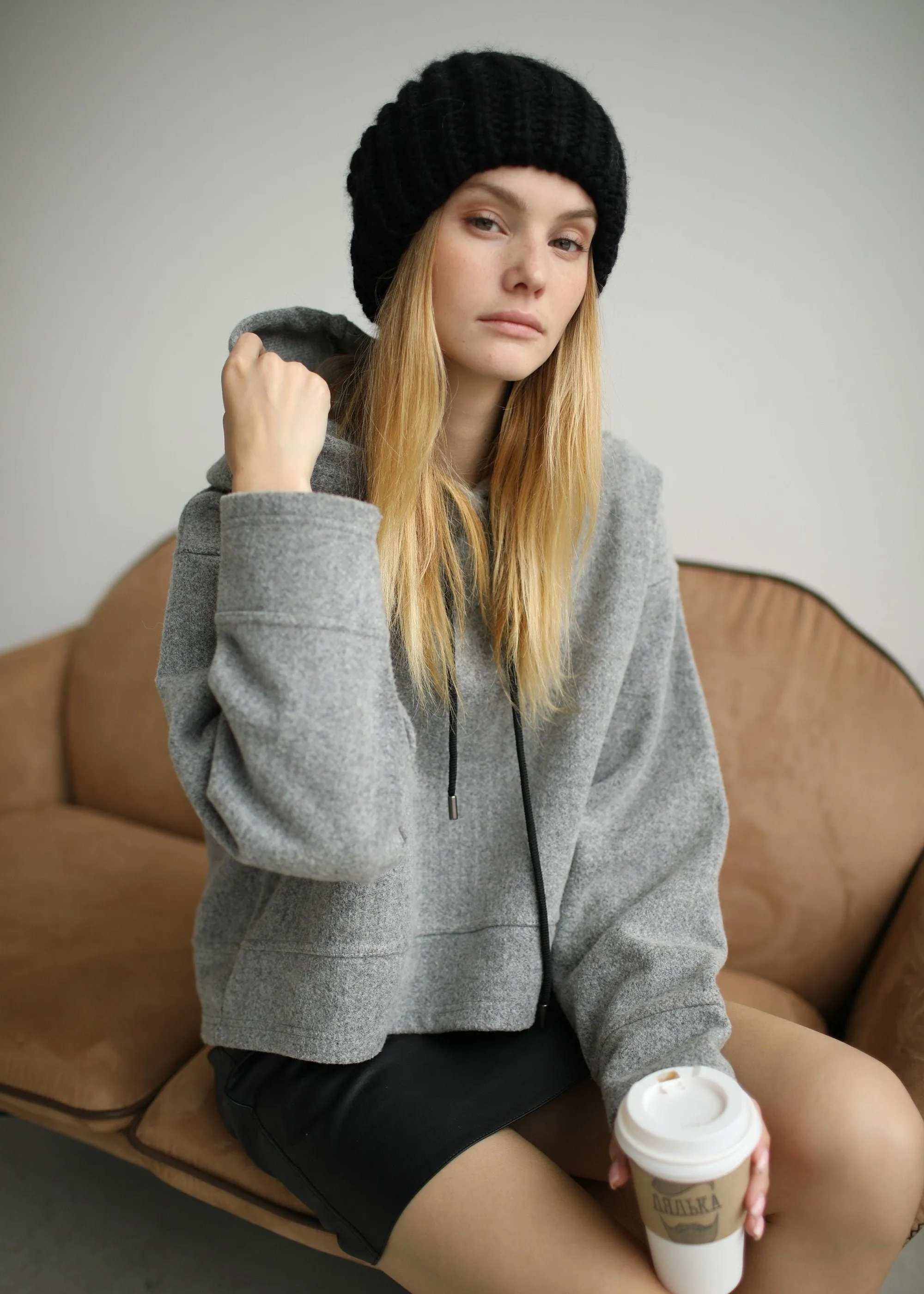 Oversized Double-Layer Wool Hat in Black