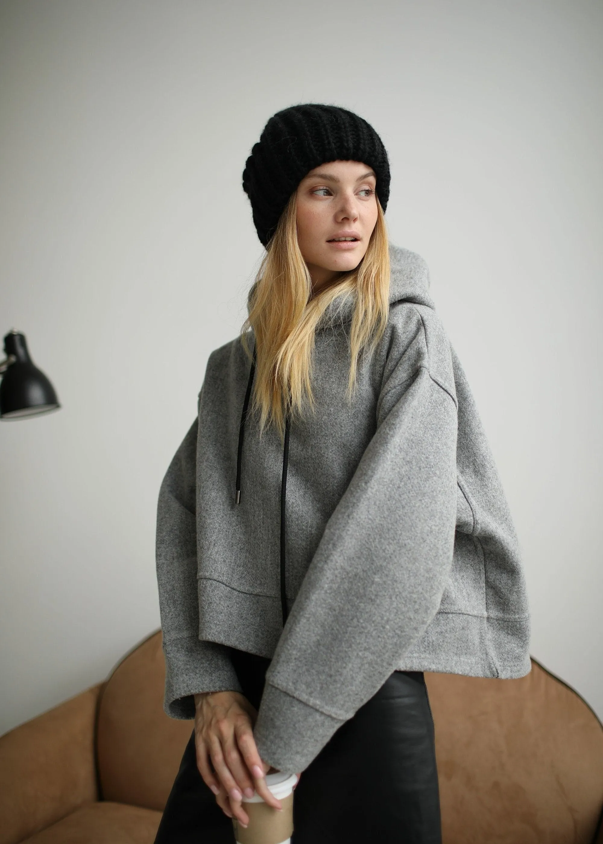 Oversized Double-Layer Wool Hat in Black