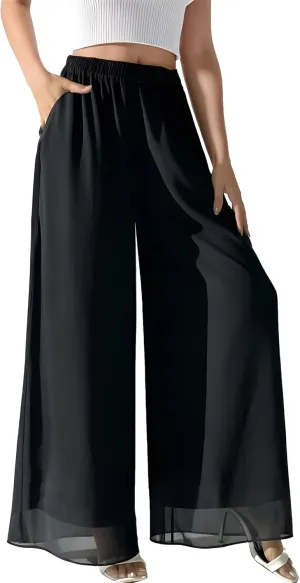 Palazzo Pants for Women Dressy Summer Casual Boho Chiffon Wide Leg Pants Elegant Flowy Beach Pants
