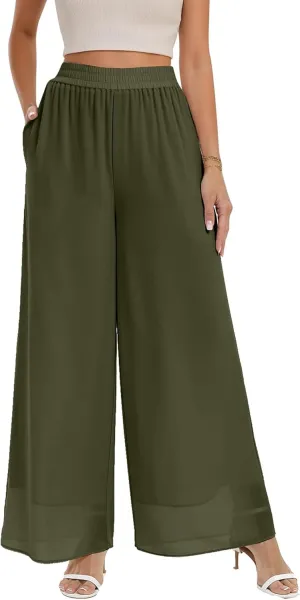 Palazzo Pants for Women Dressy Summer Casual Boho Chiffon Wide Leg Pants Elegant Flowy Beach Pants