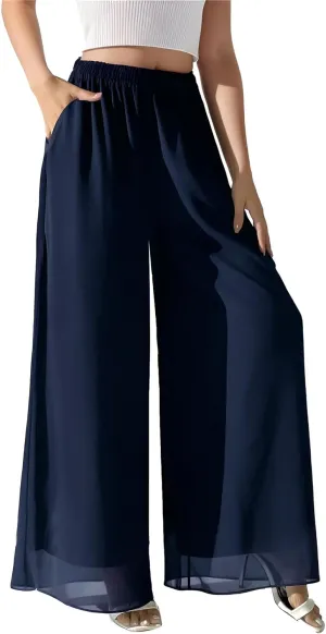 Palazzo Pants for Women Dressy Summer Casual Boho Chiffon Wide Leg Pants Elegant Flowy Beach Pants
