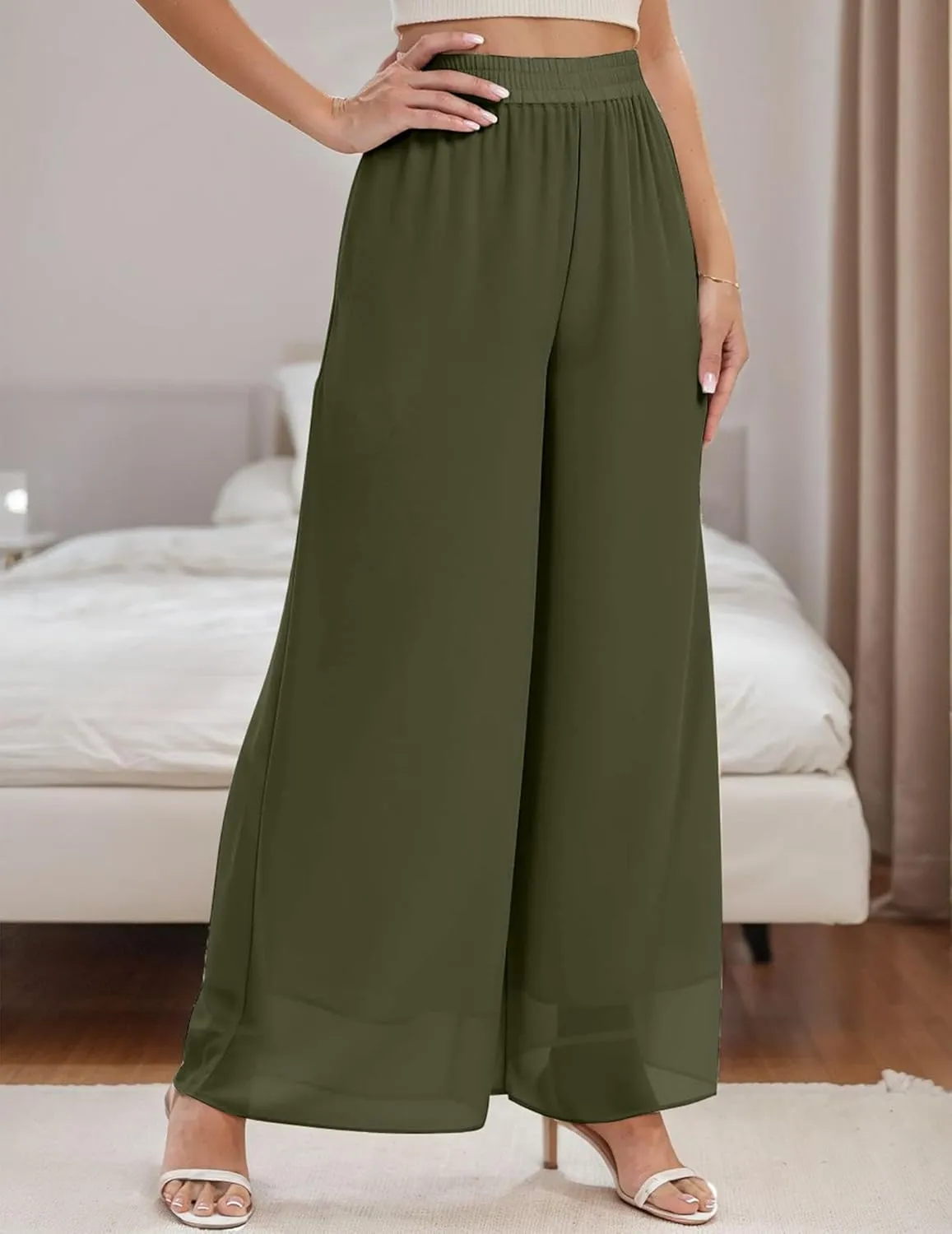 Palazzo Pants for Women Dressy Summer Casual Boho Chiffon Wide Leg Pants Elegant Flowy Beach Pants