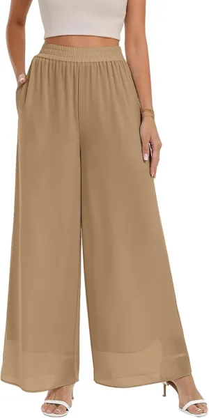 Palazzo Pants for Women Dressy Summer Casual Boho Chiffon Wide Leg Pants Elegant Flowy Beach Pants