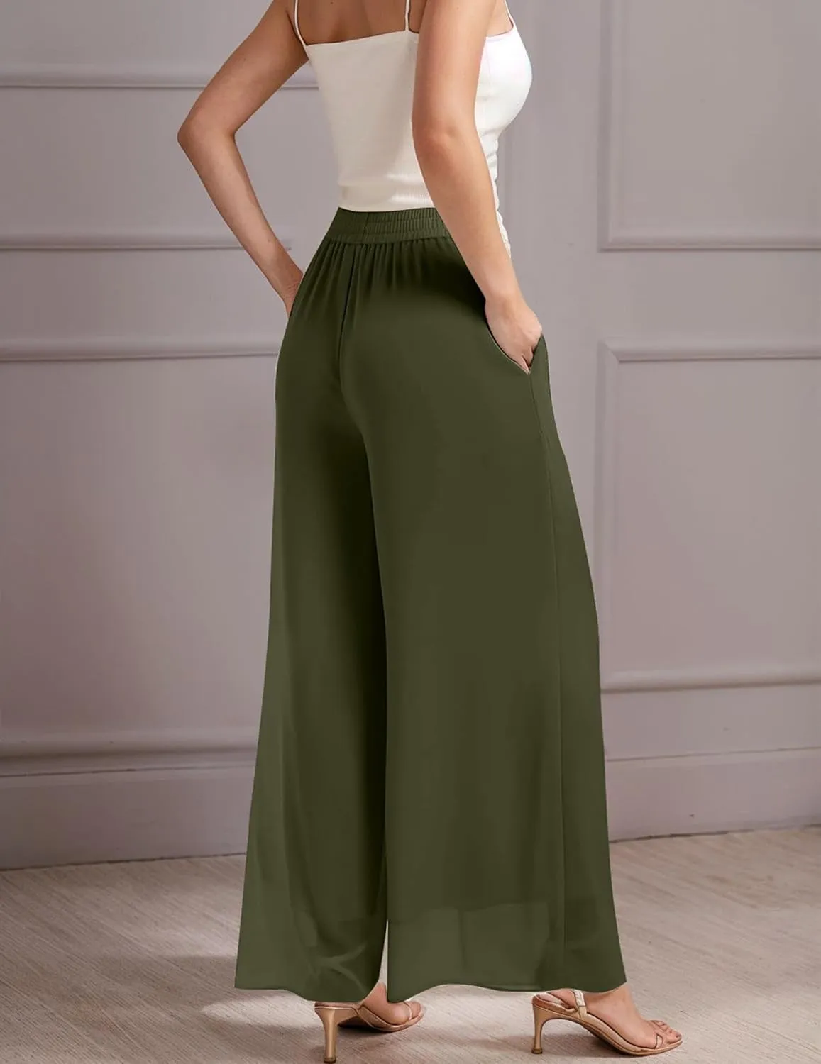 Palazzo Pants for Women Dressy Summer Casual Boho Chiffon Wide Leg Pants Elegant Flowy Beach Pants