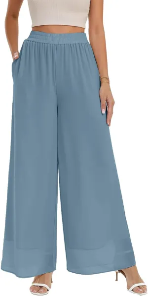 Palazzo Pants for Women Dressy Summer Casual Boho Chiffon Wide Leg Pants Elegant Flowy Beach Pants