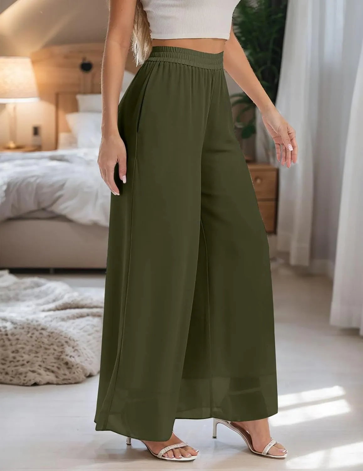 Palazzo Pants for Women Dressy Summer Casual Boho Chiffon Wide Leg Pants Elegant Flowy Beach Pants