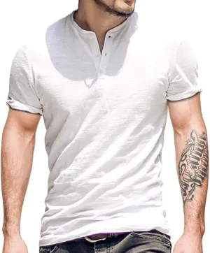 palglg Mens Cotton Muscle Slim Fitted Sport Henley T-Shirt with Button