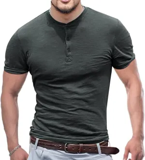 palglg Mens Cotton Muscle Slim Fitted Sport Henley T-Shirt with Button