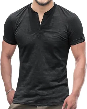 palglg Mens Cotton Muscle Slim Fitted Sport Henley T-Shirt with Button