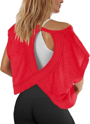 Panadila Womens Open Back Workout Top Oversized Workout T Shirts Backless Athletic Shirt Short Sleeve Baby Tee