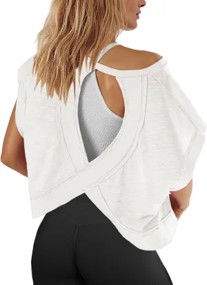 Panadila Womens Open Back Workout Top Oversized Workout T Shirts Backless Athletic Shirt Short Sleeve Baby Tee