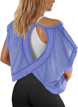 Panadila Womens Open Back Workout Top Oversized Workout T Shirts Backless Athletic Shirt Short Sleeve Baby Tee