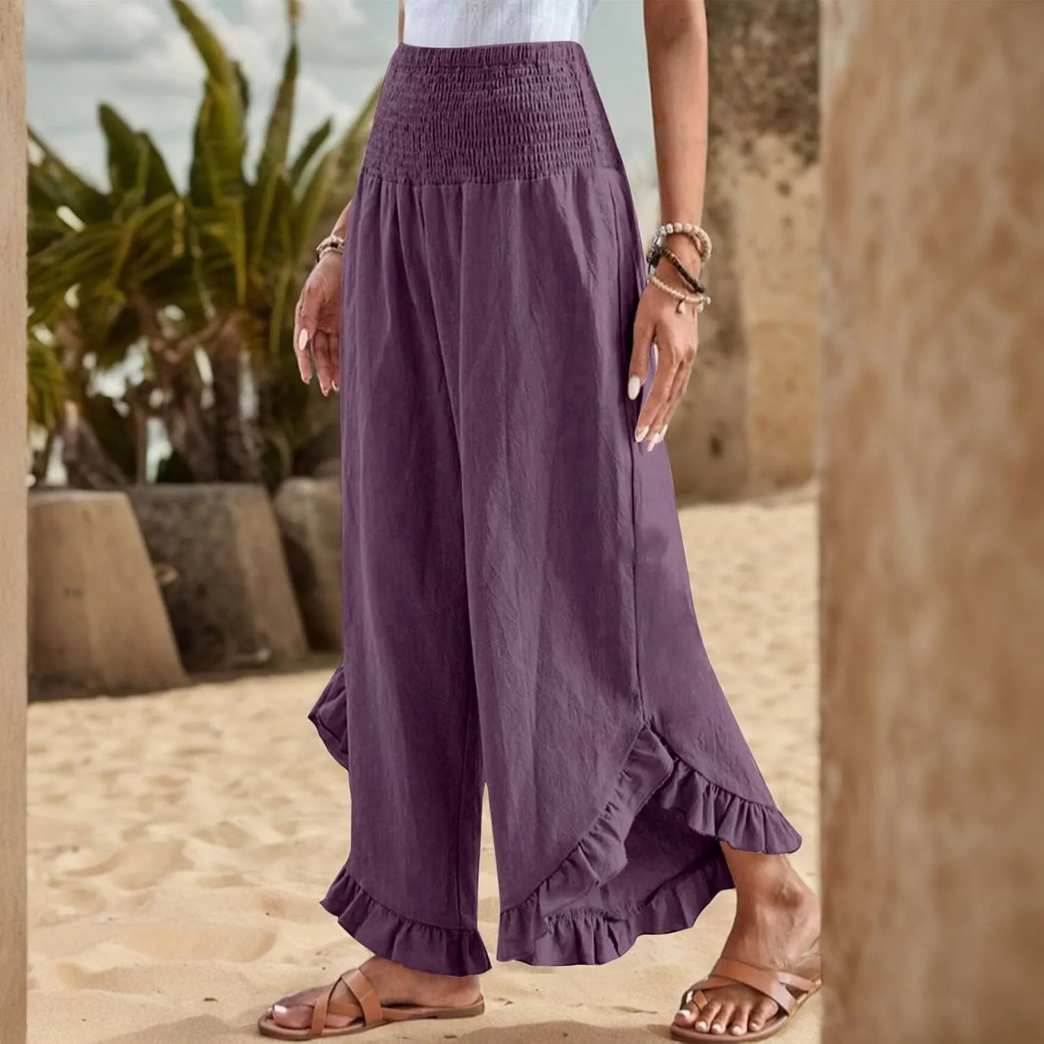 Pants for Women Summer Wide Leg Linen Waist Ruffle Hem Pants Flowy Smocked Boho Beach Palazzo Pant with Pocket