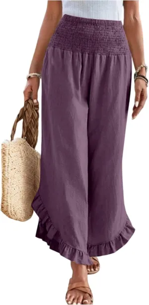 Pants for Women Summer Wide Leg Linen Waist Ruffle Hem Pants Flowy Smocked Boho Beach Palazzo Pant with Pocket