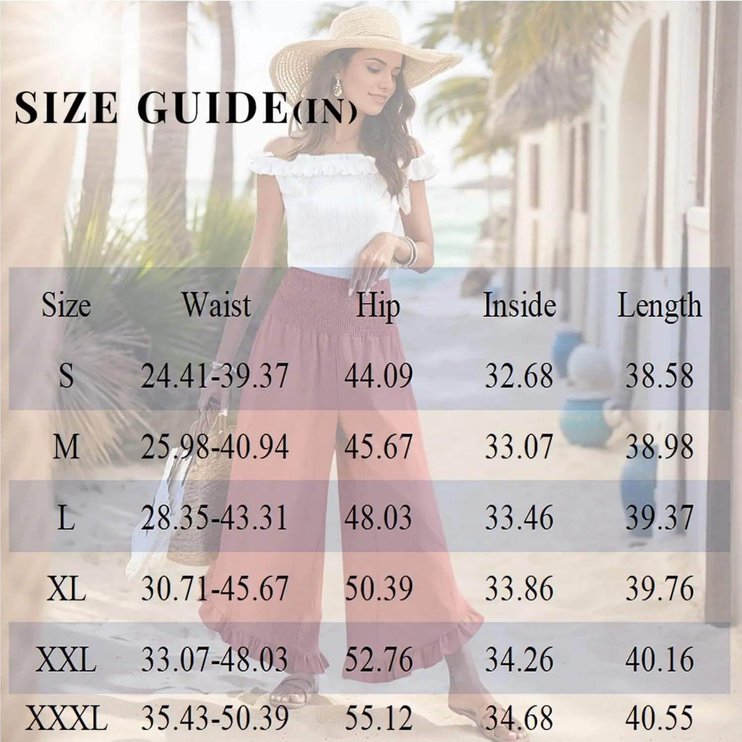 Pants for Women Summer Wide Leg Linen Waist Ruffle Hem Pants Flowy Smocked Boho Beach Palazzo Pant with Pocket