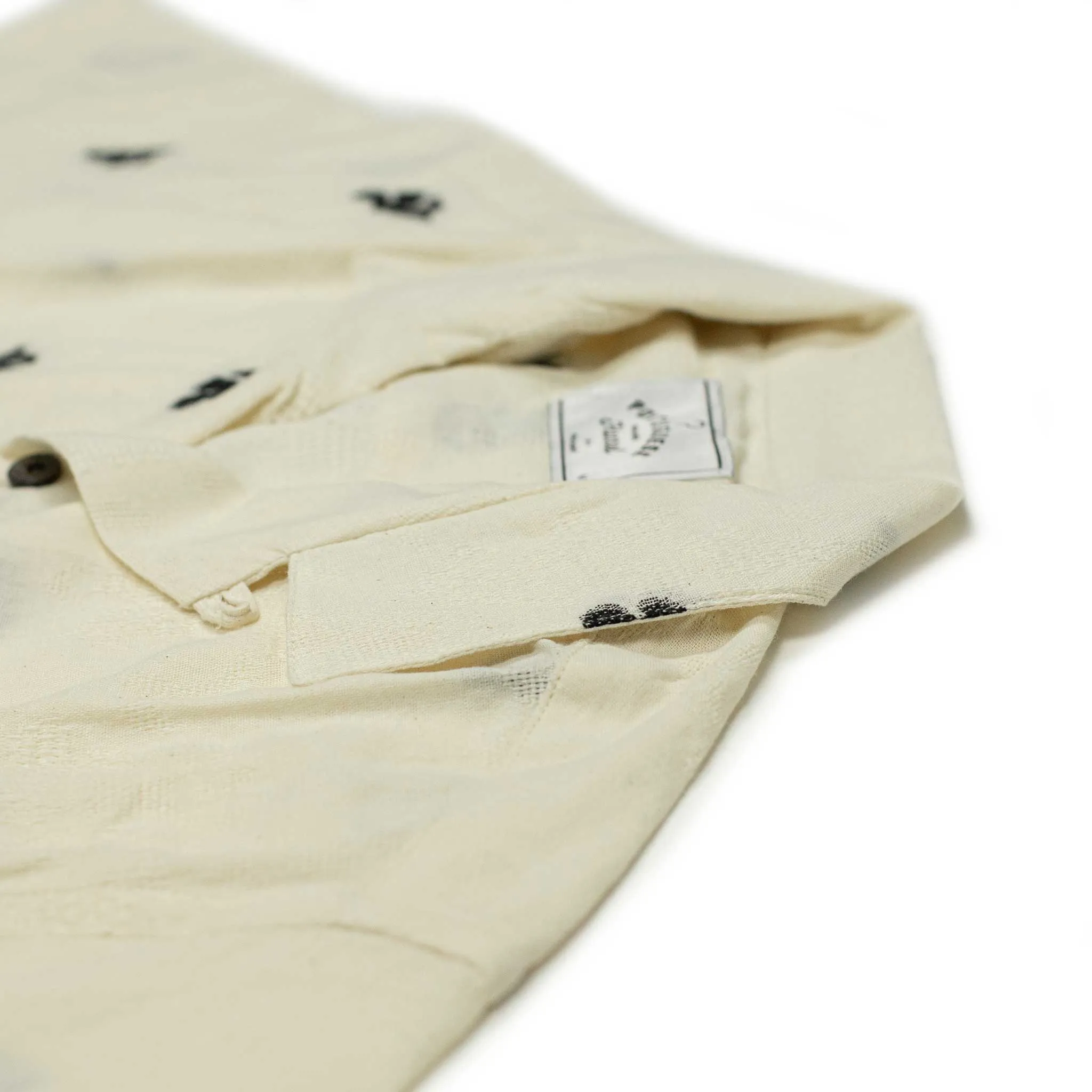 Philly camp collar shirt in ecru gauzy cotton with black embroideries