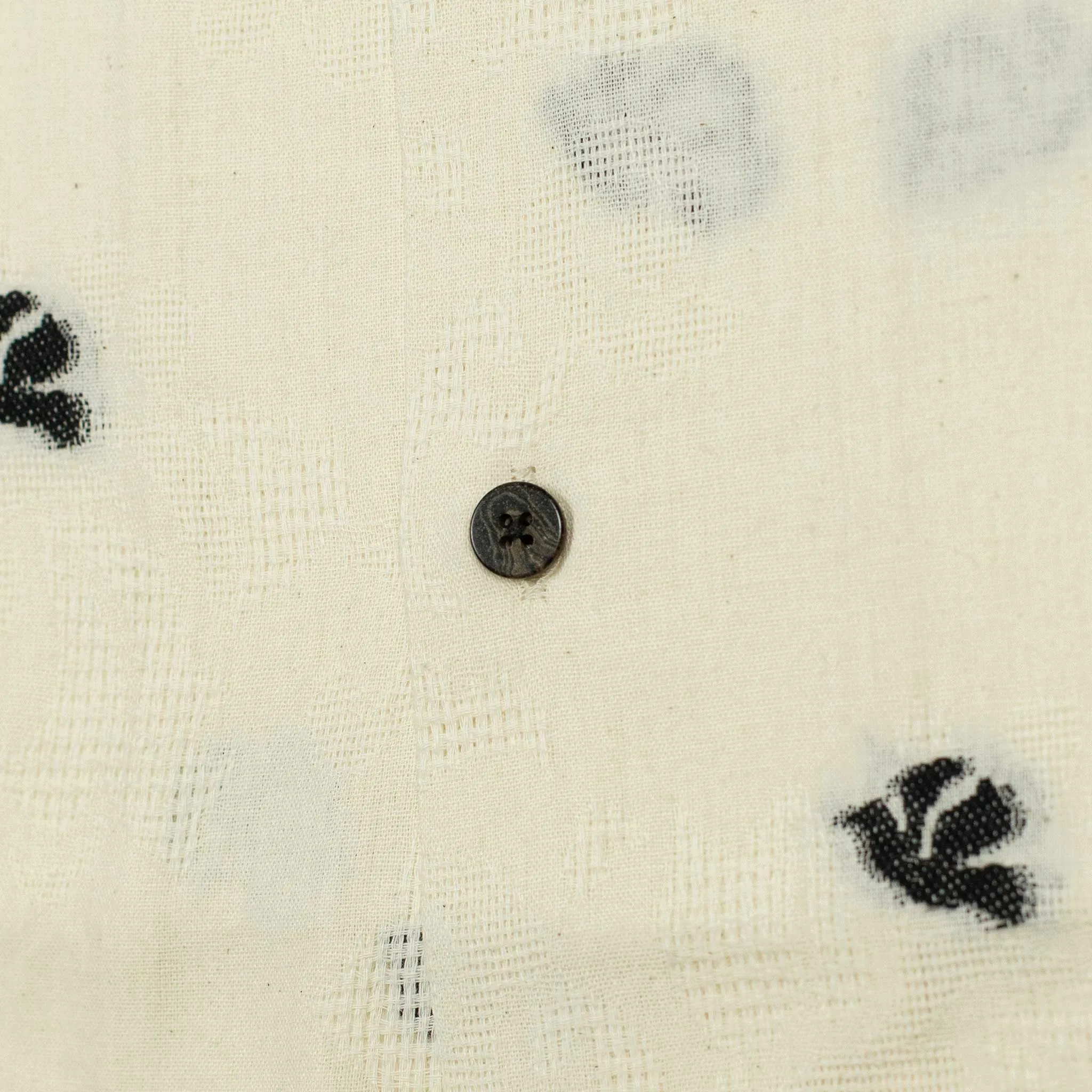 Philly camp collar shirt in ecru gauzy cotton with black embroideries