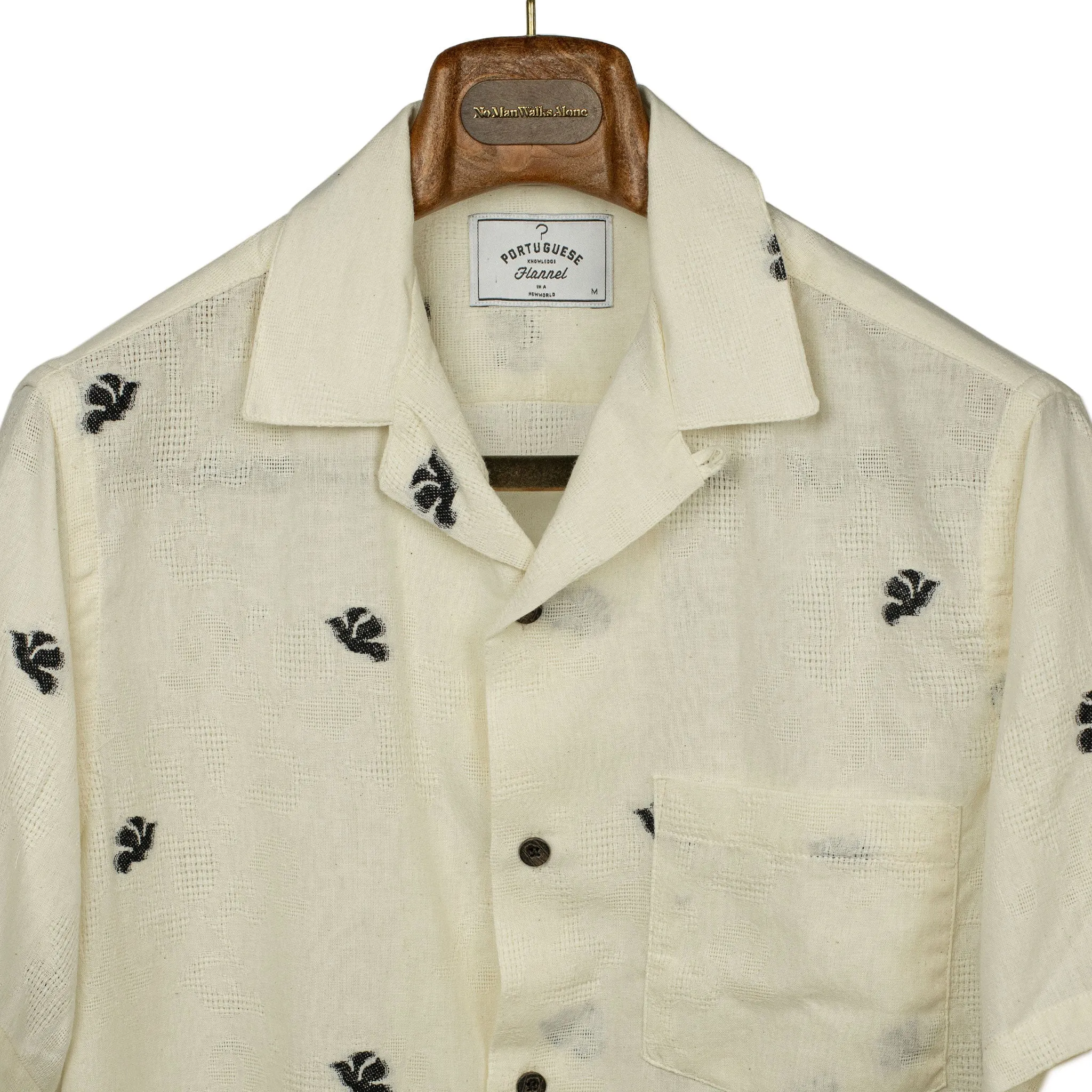 Philly camp collar shirt in ecru gauzy cotton with black embroideries