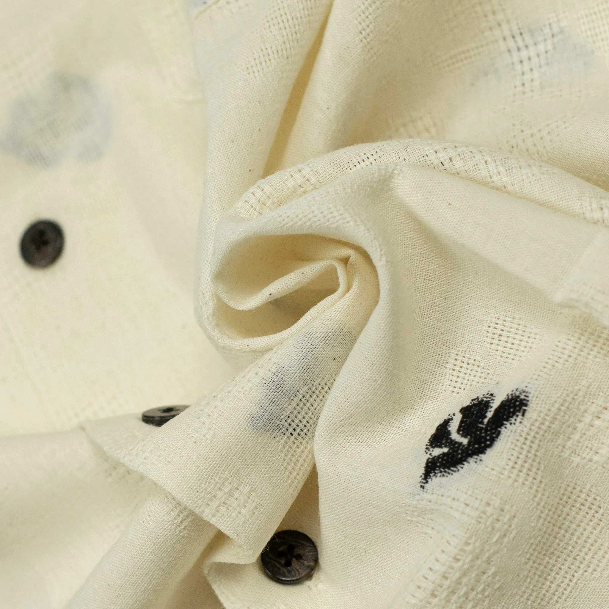 Philly camp collar shirt in ecru gauzy cotton with black embroideries
