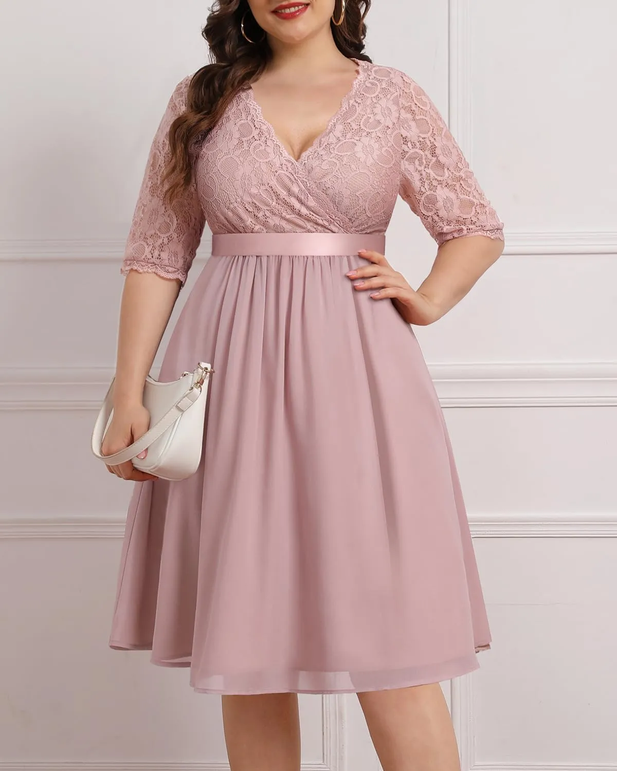 Pinup Fashion Plus Size Lace Chiffon Wrap V Neck Dresses Women Cocktail Wedding Guest Midi Dress