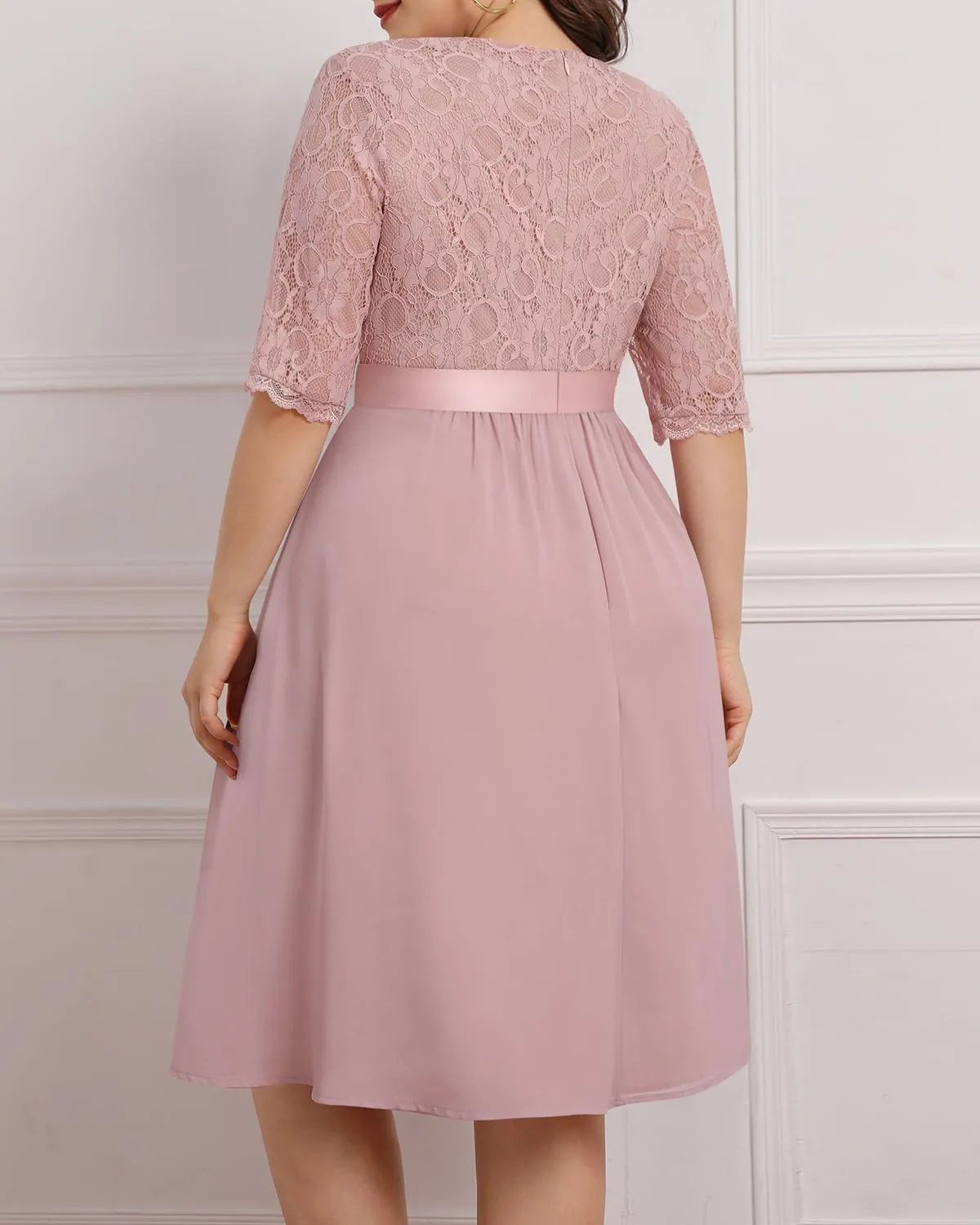 Pinup Fashion Plus Size Lace Chiffon Wrap V Neck Dresses Women Cocktail Wedding Guest Midi Dress