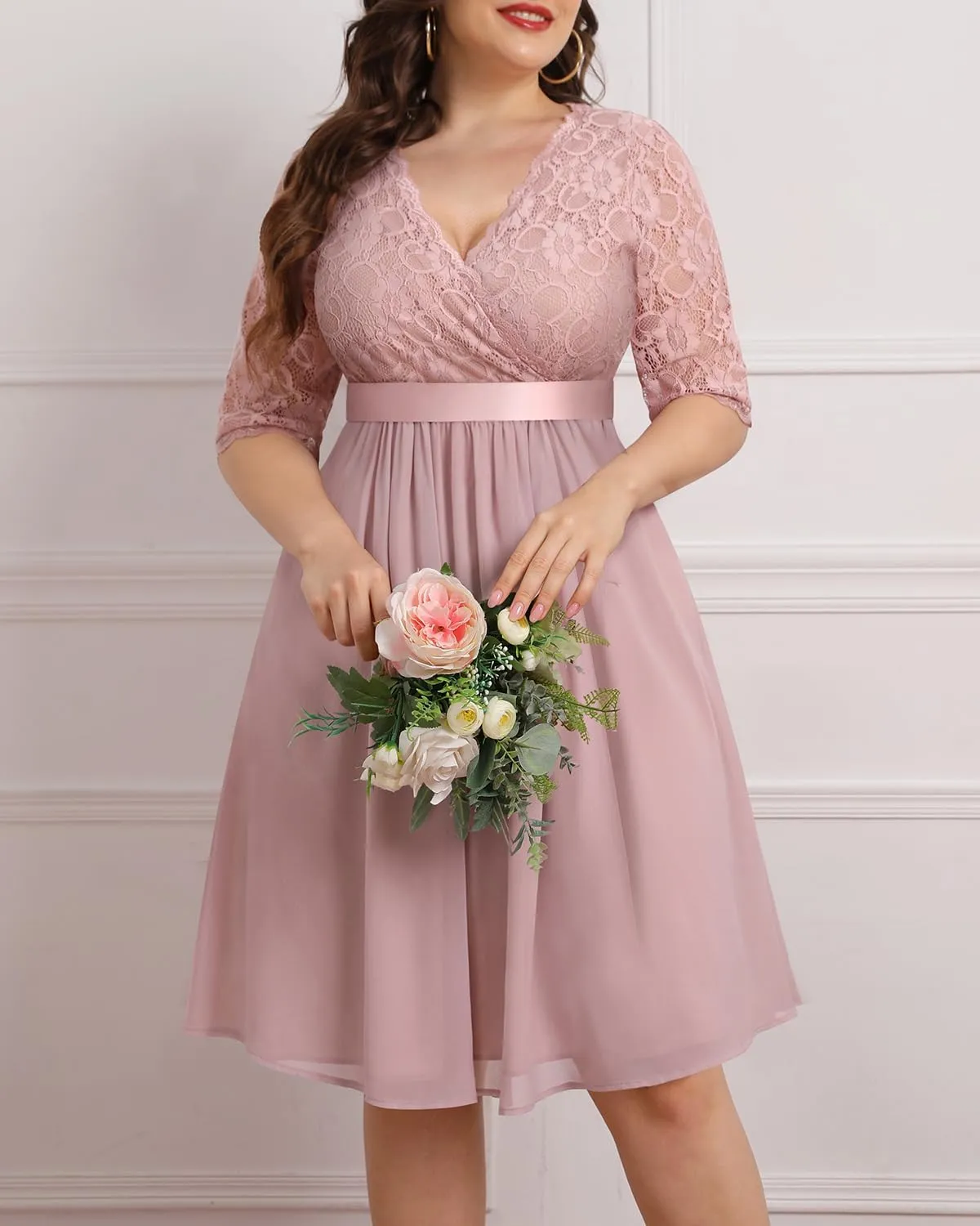Pinup Fashion Plus Size Lace Chiffon Wrap V Neck Dresses Women Cocktail Wedding Guest Midi Dress