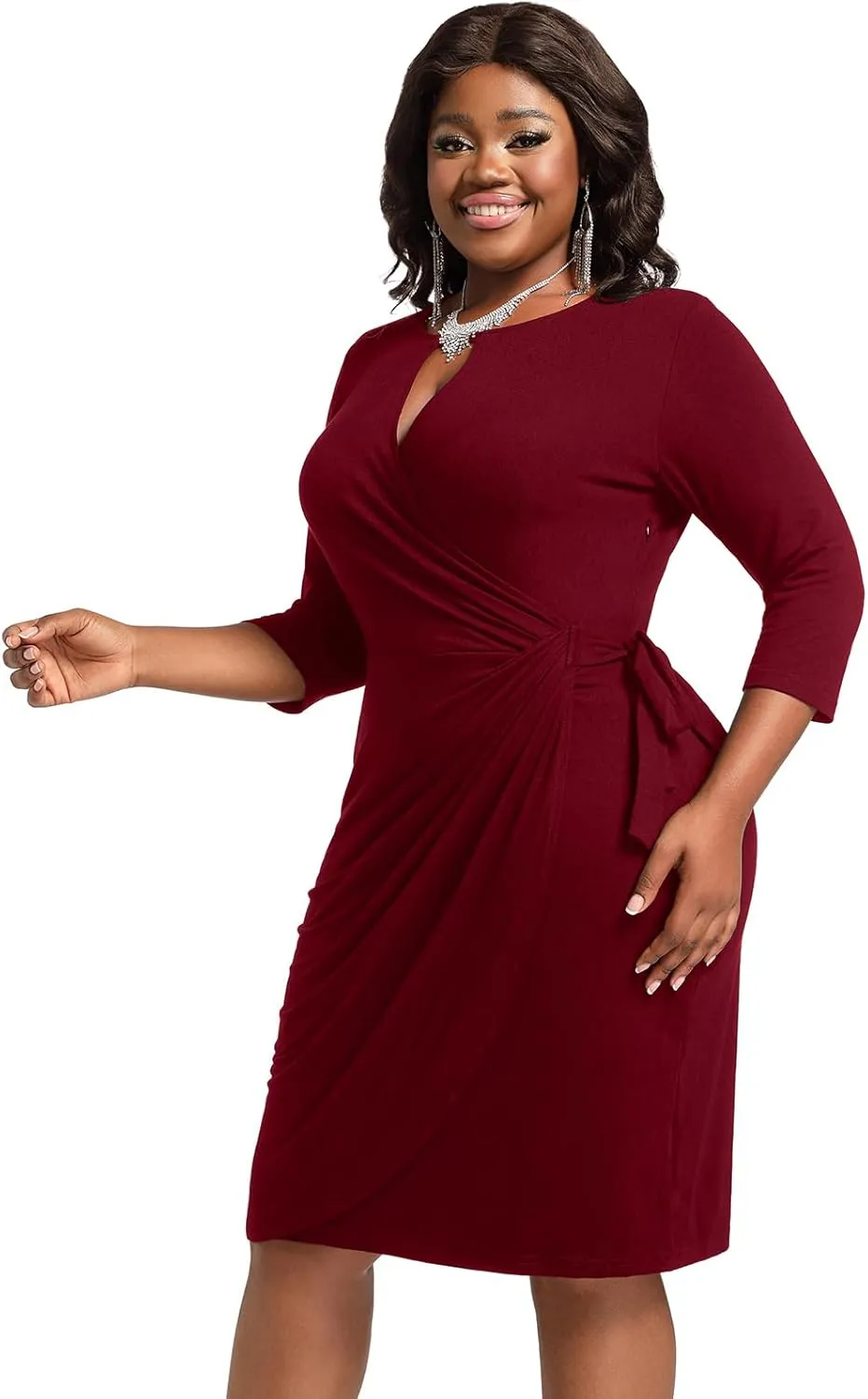 Plus Size Faux Wrap Bodycon Dress for Curvy Women Keyhole 3/4 Sleeve Sexy Cocktail Midi Wedding Guest Dresses